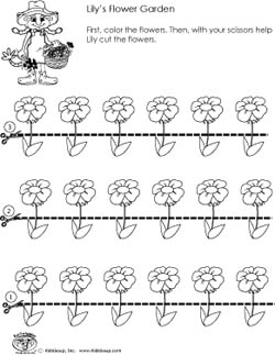 Preschool scissors skills worksheet flower garden